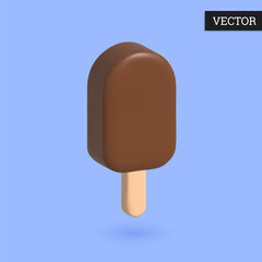 Ice cream 3d icon in cartoon style. Chocolate popsicle. Design element. Vector illustration.
