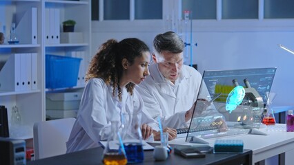Medical lab scientists studying human brain hologram, cognitive neuroscience