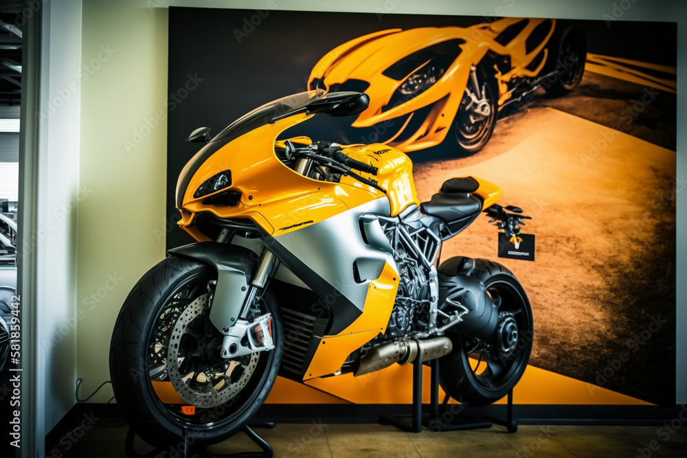 Sticker An elegant sports bike parked in a showroom Generative AI