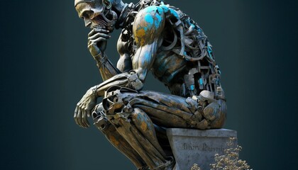 Half Man Half Machine, Thinking. Post-produced generative AI digital illustration. - obrazy, fototapety, plakaty