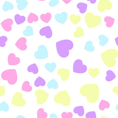 Colorful seamless pattern of pastel yellow, green, purple, pink hearts. Suitable for printing on textile, fabric, wallpapers, postcards, wrappers