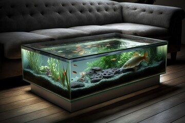 Coffee table with a built - in aquarium or terrarium providing a relaxing and visually stimulating focal point in a room, concept of Living Art and Natural Decor, created with Generative AI technology