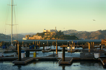 Alcatraz Island (and prison), viewed from the mainland at San Francisco, California