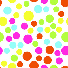 Vibrant seamless repeating pattern of yellow, red, green, purple, blue bubbles for printing on clothes, bags, cups, wallpapers, postcards, wrappers and other surfaces