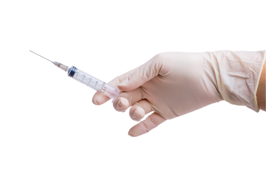 Health nurse worker with vaccine syringe on transparent background.