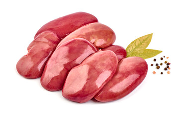 Raw pork kidneys, offals, isolated on white background. High resolution image.