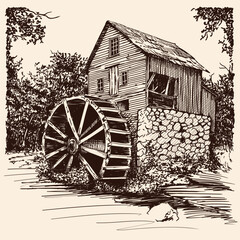 An old wooden water mill with a wheel and blades near a forest river. Rough freehand sketch on a beige background. © migfoto