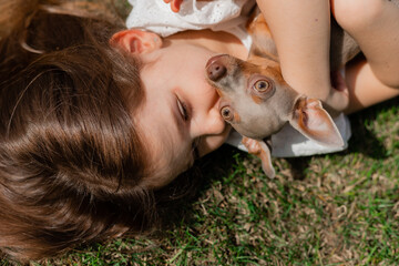 a happy little girl is lying on the green grass in the summer hugging her pet chihuahua dog. Children and animals. Children's Day