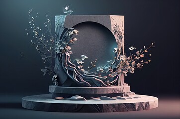 Beautiful Floral Dark Stone Cosmetic Product Podium With Copy Space Generative AI