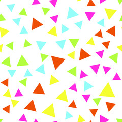 Geometric seamless pattern of vibrant yellow, red, purple, blue triangles for textile, paper and other surfaces