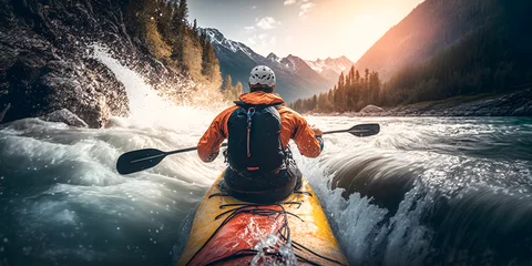 Foto op Canvas Concept banner extreme sport rafting, whitewater kayaking. Back view man in kayak sails mountain river with sun light. Generation AI © Adin