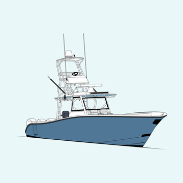 An vector illustration of a fishing boat taken from the side. This is printable on numerous items, including t-shirts.