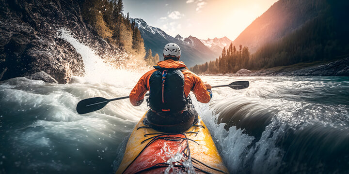 Concept banner extreme sport rafting, whitewater kayaking. Back view man in kayak sails mountain river with sun light. Generation AI