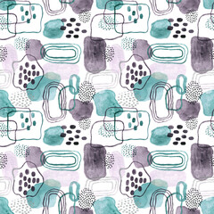 Hand drawn watercolor seamless abstract pattern with grey, blue, black and green dots, spots, lines, geometrical shapes on white background.Backdrop for web design