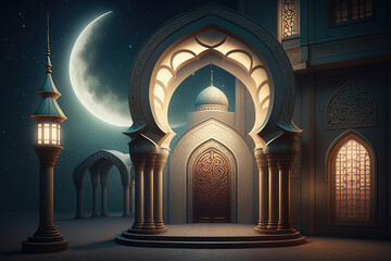 Ramadan's celebration, evening background banner with Mosque and crescent moon, generative AI