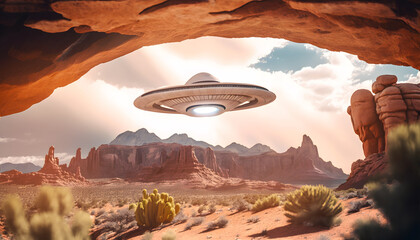 Alien UFO spaceship fly above Grand Canyon, Arizona desert USA, Zone 51 with sun light. Generation AI