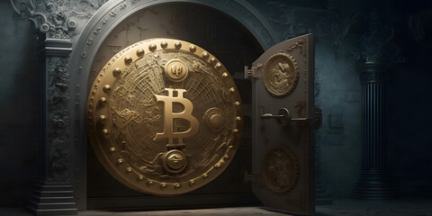 Gold Safe deposit with bitcoin logo. Concept symbol of cryptocurrency safety in internet blockchain virtual banner. Generation AI