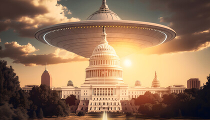 Alien UFO spaceship fly above White House government of USA with sun light. Generation AI - obrazy, fototapety, plakaty