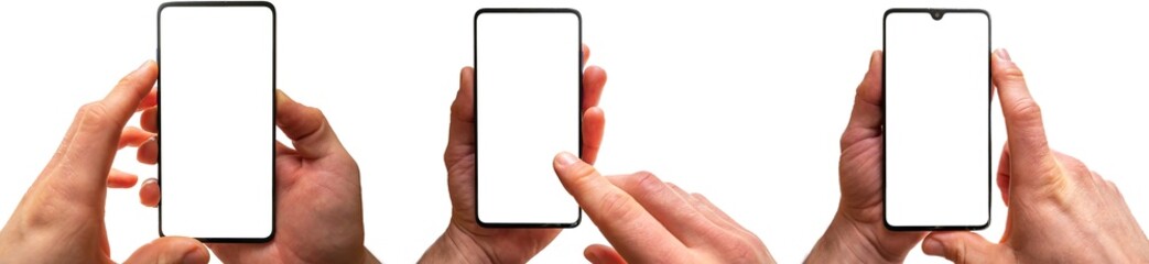 Drei verschiedene Vorlagen eines Smartphones mit leerem Display als Vorlage für individuelle Anpassungen - obrazy, fototapety, plakaty