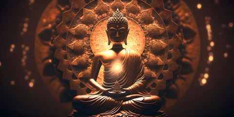 Zelfklevend Fotobehang Buddha statue transcendental spiritual meditation with aura, banner yellow light. Generation AI © Adin