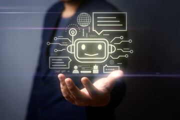 Young people, business people, customers use chat gpt to search information, talk to intelligent AI.