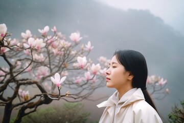 Oriental Woman Admiring Magnolia Tree in Misty Mountains, AI Generative