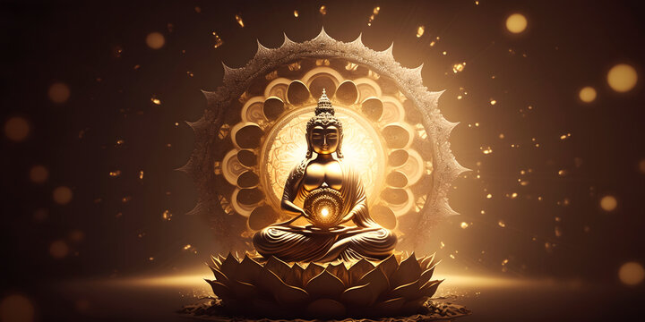 Buddha statue meditate with golden aura on yellow banner dark background with light. Generation AI