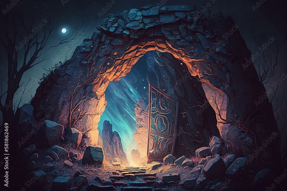 Poster a glowing archway doorway carved on rock in a parallel universe generative ai