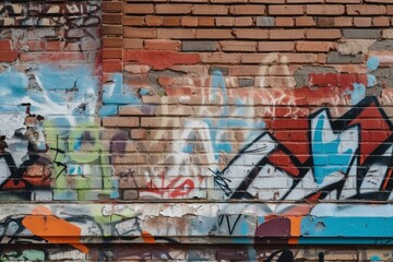 A close-up of a brick wall with peeling paint and graffiti. Generative AI
