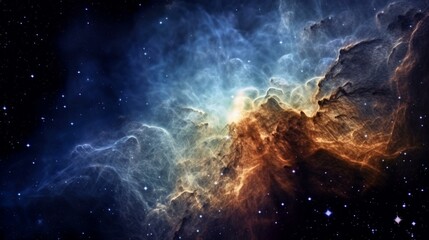 A beautiful view of a nebula with intricate patterns of gas and dust, illuminated by bright stars in the background. Generative AI