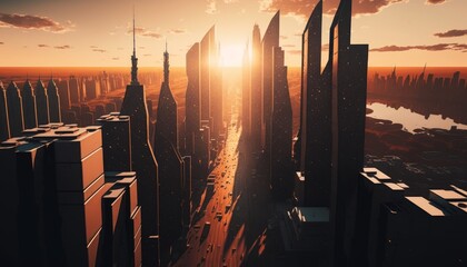 Professional drone shot of amazing cityscape at sunset, visible skyscrapers and sky, generative AI