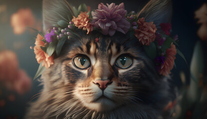 cat in the garden full of flowers in spring