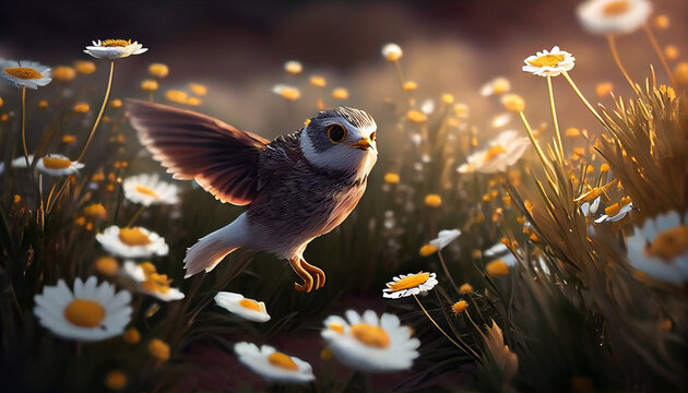 Beautiful little bird  in flower garden Ai generated image