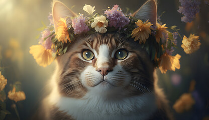 cat in the garden full of flowers in spring