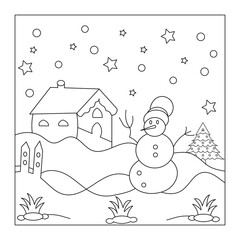 Coloring page Christmas card with snowman and house