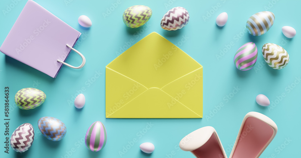 Poster easter concept. open an envelope surrounded by a shopping bag of bunny ears of multi-colored eggs. 3