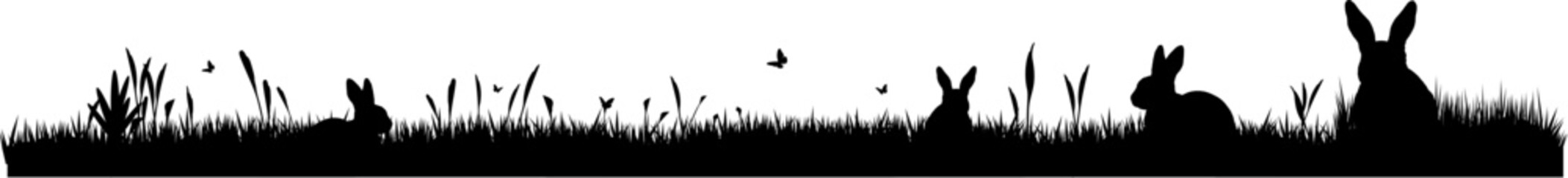 Naklejka premium Silhouette: Frühling Wiese mit Hasen, Pflanzen, Gräsern und Schmetterlingen - Ostern