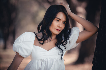 Naklejka premium Lonely Sad fat woman ,She think over from love,heartbreak,Heartbroken because of disappointment,Thailand people
