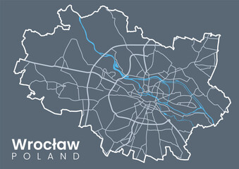 Urban Wroclaw map. Map of Wroclaw, Poland borders. Light stroke version on dark background.