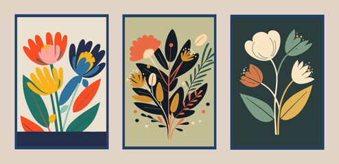 Set of floral cards with hand drawn flowers and plants. Vector illustration.