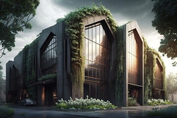 Fototapeta na wymiar Factory building with a natural or organic feel featuring earthy tones textured materials and greenery, concept of Breathing Spaces and Sustainable Architecture, created with Generative AI technology