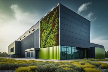 Fototapeta premium Factory building with a green roof or living wall showcasing its commitment to sustainability, concept of Green Infrastructure and Renewable Energy, created with Generative AI technology