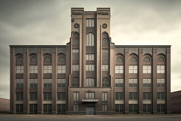 Naklejka premium Factory building with a towering imposing facade showcasing its impressive size and scale, concept of Grandeur and Monumentality, created with Generative AI technology