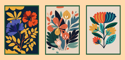 Vector set of hand drawn floral compositions in pastel colors. Scandinavian style.