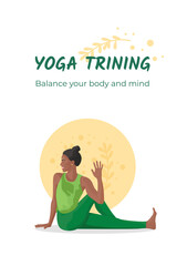 Girl practice asana Marichiasana 3. Yoga training poster. Balance your body and mind. Faceless style. Vector illustration
