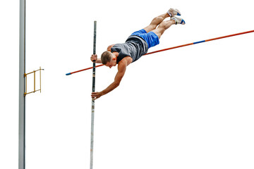 athlete jumper failed attempt pole vault on transparent background, sports photo - obrazy, fototapety, plakaty
