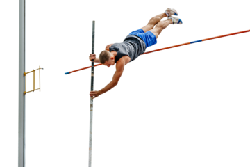 athlete jumper failed attempt pole vault on transparent background, sports photo