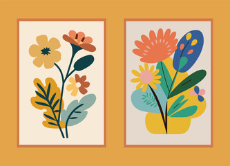 Set of four vector cards with flowers and leaves in a flat style