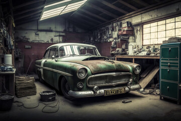 Plakat An old car being renovated in a garage Generative AI