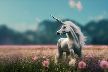 Obraz na płótnie Canvas White unicorn in a meadow of flowers near lake. Generative AI